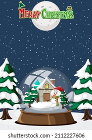 Little house in snowdome on snow falling background illustration