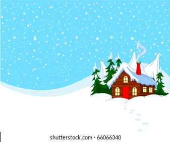 Little house in snowy hills. Pastoral  winter scene.