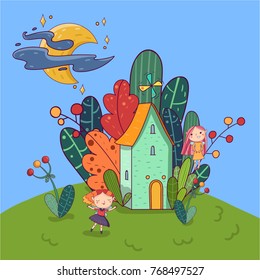 Little house surrounded by plants. Fairy girls having fun on yard. Bright moon with stars on sky. Fantasy landscape. Hand drawn design for kids story book or poster