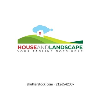 little house upon hill with cloud for house and landscape logo	