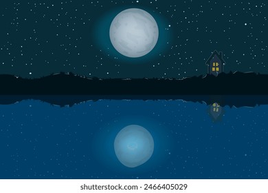 Little house,lake and night sky with stars and moon.Night landscape background.Midnight scene with one home on starry sky.Dreamy sleep nightfall backdrop with farmhouse,lunar and starlit heaven.Vector