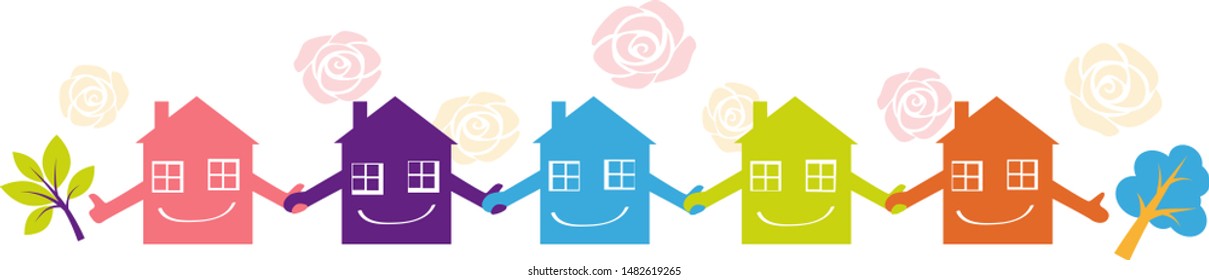 Little Houses Holding Hands Representing A Neighborhood Watch Program, EPS 8 Vector Illustration