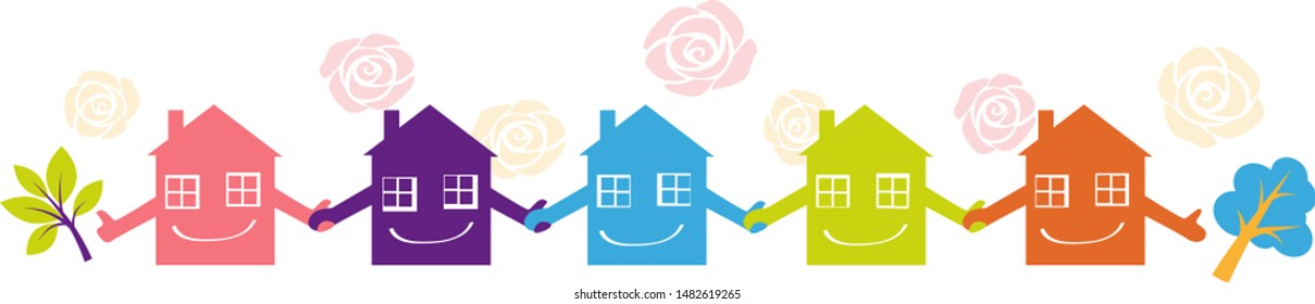 Little houses holding hands representing a neighborhood watch program, EPS 8 vector illustration