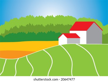 Little houses near the field with forest at background