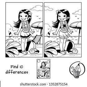 Little hula girl at the beach, wearing a Hawaiian garland. Find 10 differences. Educational matching game for children. Black and white cartoon vector illustration