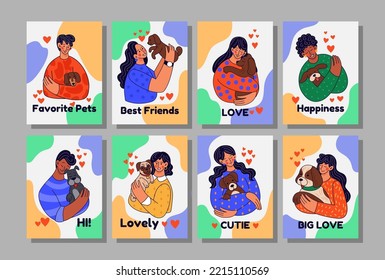 Little human hug pet. People holding dogs. Animal lover person. Woman and friend. Happy friendship. Man with doggy companions. Puppy owners banners set. Vector silhouette illustration