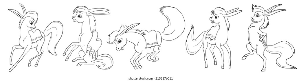 Little humpbacked horse, set of contour cartoon drawings, isolated on white background, contour illustration