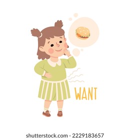 Little Hungry Girl Wanting Eat Hamburger Demonstrating Vocabulary and Verb Studying Vector Illustration