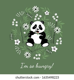 Little hungry panda eats bamboo. Children's illustration decorated with plant elements.