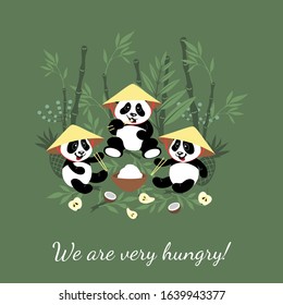 Little hungry pandas eat rice and fruits. Illustration for children.