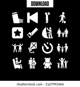 little icon. 16 little vector set. handsaw, teddy bear, boy silhouette playing soccer and favourite icons for web and design about little theme