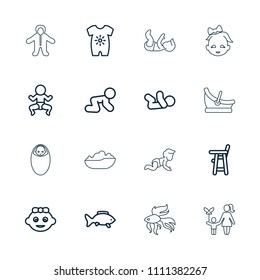 Little icon. collection of 16 little outline icons such as baby girl, baby onesie, newborn child, fish. editable little icons for web and mobile.