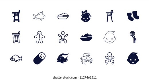 Little icon. collection of 18 little filled and outline icons such as fish, baby socks, baby chair, man holding globe. editable little icons for web and mobile.