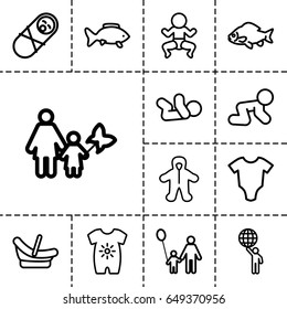 Little icon. set of 13 outline littleicons such as fish, baby onesie, baby basket, man holding globe, father and son, mother and son