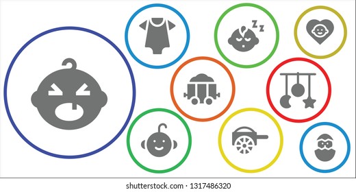 little icon set. 9 filled little icons.  Collection Of - Baby, Baby clothes, Baby boy, Carriage, Crib toy, Chick