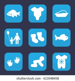 Little icon. set of 9 filled little icons such as fish, baby socks, baby onesie