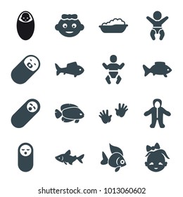 Little icons. set of 16 editable filled little icons such as fish, baby girl, baby food