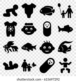 Little icons set. set of 16 little filled icons such as fish, baby, baby onesie, father and son, mother and son