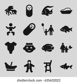 Little icons set. set of 16 little filled icons such as fish, baby, baby onesie, father and son, mother and son