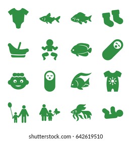 Little icons set. set of 16 little filled icons such as fish, baby socks, baby onesie, father and son, mother and son