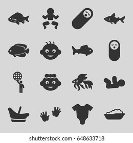 Little icons set. set of 16 little filled icons such as fish, baby, baby onesie, man holding globe