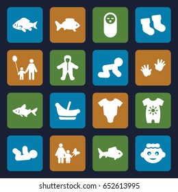 Little icons set. set of 16 little filled icons such as fish, baby socks, baby onesie, father and son