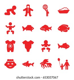 Little icons set. set of 16 little filled icons such as fish, baby, baby onesie, man holding globe, father and son