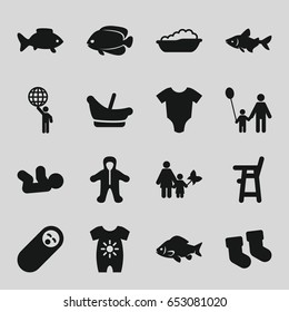 Little icons set. set of 16 little filled icons such as fish, baby socks, baby onesie, man holding globe, father and son, mother and son