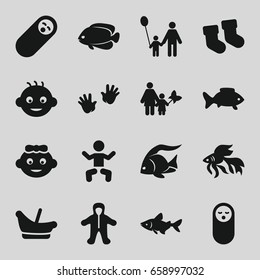 Little icons set. set of 16 little filled icons such as fish, baby, baby socks, father and son, mother and son