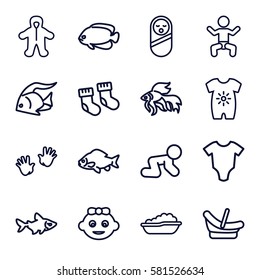 little icons set. Set of 16 little outline icons such as baby, fish