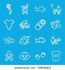 little icons set. Set of 16 little outline icons such as fish, baby, baby socks, man holding globe, father and son, mother and son