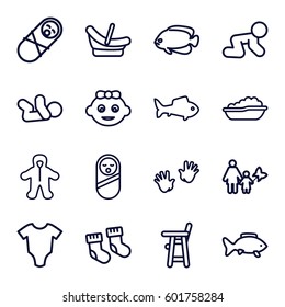 little icons set. Set of 16 little outline icons such as fish, baby socks, baby onesie, mother and son