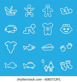 Little icons set. set of 16 little outline icons such as baby, fish, baby socks