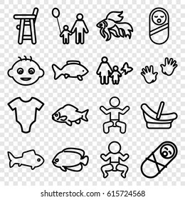 Little icons set. set of 16 little outline icons such as baby, fish, baby onesie, father and son, mother and son