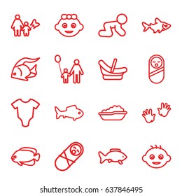 Little icons set. set of 16 little outline icons such as fish, baby, baby onesie, father and son, mother and son