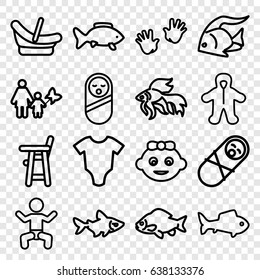 Little icons set. set of 16 little outline icons such as baby, fish, baby onesie, mother and son