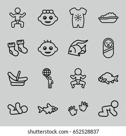 Little icons set. set of 16 little outline icons such as baby, fish, baby socks, man holding globe