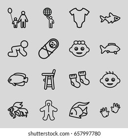 Little icons set. set of 16 little outline icons such as fish, baby, baby socks, man holding globe, father and son