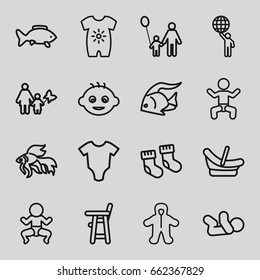 Little icons set. set of 16 little outline icons such as baby, fish, baby socks, man holding globe, father and son, mother and son