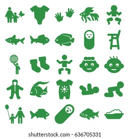 Little icons set. set of 25 little filled icons such as fish, baby, baby socks, man holding globe, father and son, mother and son
