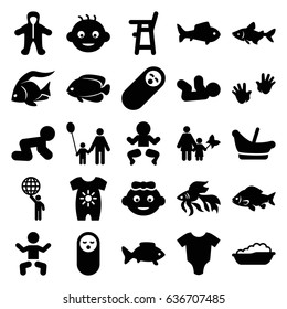 Little icons set. set of 25 little filled icons such as fish, baby, baby onesie, man holding globe, father and son, mother and son