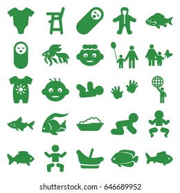 Little icons set. set of 25 little filled icons such as fish, baby, baby onesie, man holding globe, father and son, mother and son