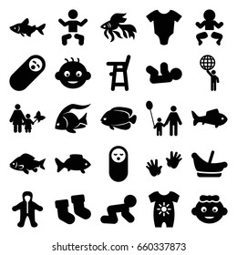 Little icons set. set of 25 little filled icons such as fish, baby, baby socks, man holding globe, father and son, mother and son
