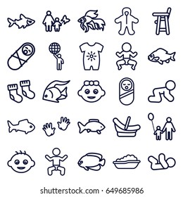 Little icons set. set of 25 little outline icons such as baby, fish, baby socks, man holding globe, father and son, mother and son