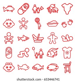 Little icons set. set of 25 little outline icons such as baby, fish, baby onesie, man holding globe, father and son, mother and son