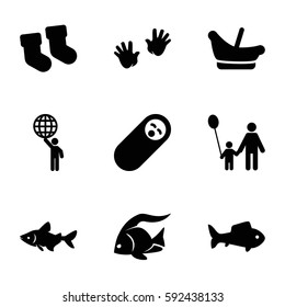 little icons set. Set of 9 little filled icons such as fish, baby socks, baby basket, baby hands, man holding globe, father and son