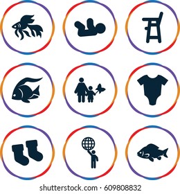 Little icons set. set of 9 little filled icons such as fish, baby socks, baby onesie, man holding globe