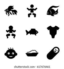 Little icons set. set of 9 little filled icons such as fish, baby, baby onesie, baby bath