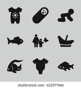 Little icons set. set of 9 little filled icons such as fish, baby onesie, baby basket, baby crawl, mother and son