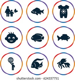 Little icons set. set of 9 little filled icons such as fish, baby, baby onesie, man holding globe